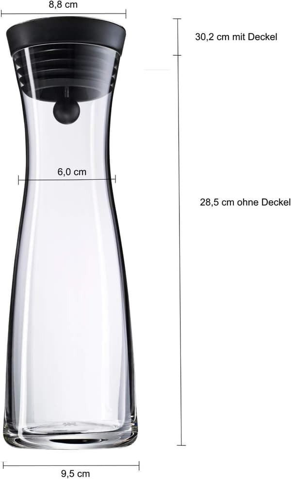 Vandkaraffel, 1,0 L, højde 29 cm, glaskaraffel, silikonelåg, sort