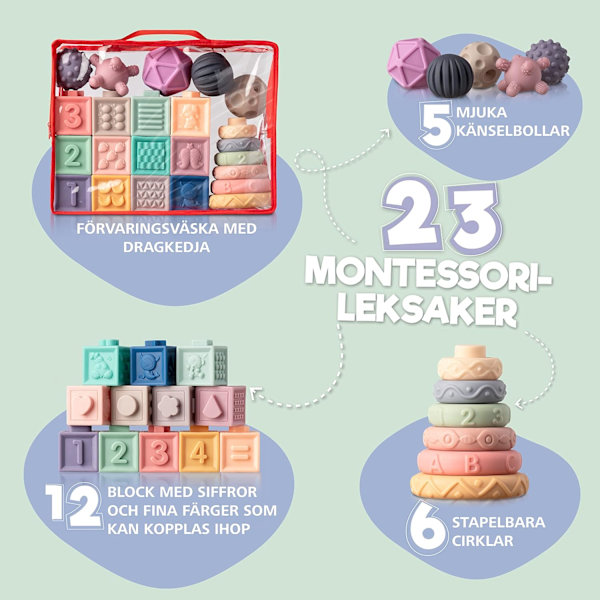 23 Montessori Leksaker för Barn 6+ Månader, 1 År Gammal Sinnesleksak, Silikon, för Lärande, 6 Månader Gammal Bebisleksak för Pojkar och Flickor