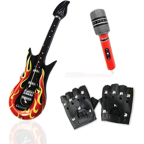 3-pack punkrock partykit - handskar, uppblåsbar gitarr och mikrofontillbehör för fester