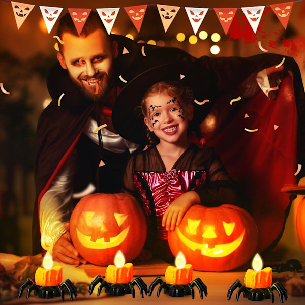 12 kpl Halloween-hämähäkkikynttilöitä, uutuus LED-liekittömät hämähäkkikynttilänjalkavalot paristokäyttöiset oranssit tuikkukynttilät Halloween-sisustukseen