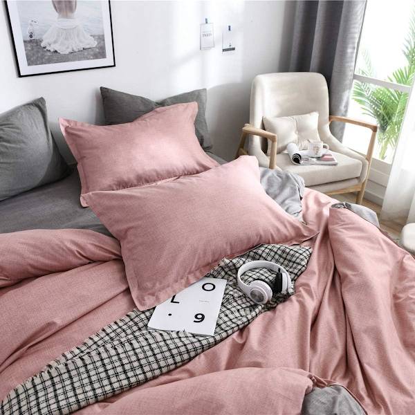 Pussilakanasetti parivuoteelle, 4 osaa, mikrokuitu, yksivärinen ruutukuvioinen vuodevaatesetti, jossa 2 tyynyliinaa ja 1 lakana, 220x240cm Pink-gray