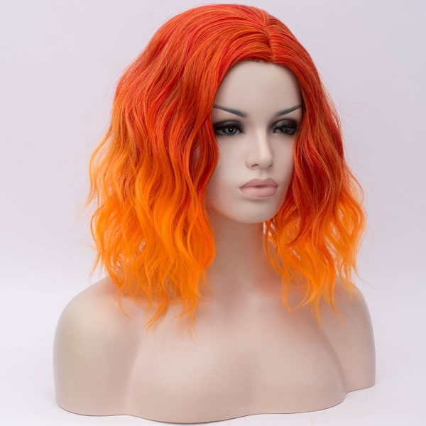 Kort Bob Vågigt Lockigt Peruk Ombre Grön Peruk För Kvinnor Cosplay Halloween Peruker Värmebeständig Bob Party Peruk Inkluderar Peruklocka (Ombre Grön) Orange