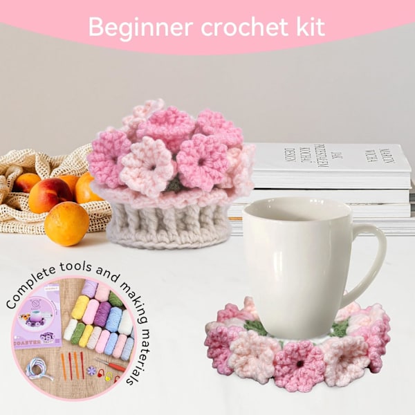 Virka Kit för Nybörjare, 4 st Virkade Underlägg, Blommiga Underlägg Virka Set med Steg-för-steg Videoguider Style 4