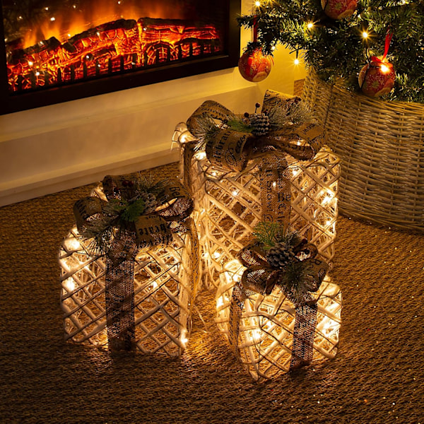Julverkstadens Set med 3 Ljussatta Julaskar/Inomhus Juldekorationer / 45 Varma Vita LED-lampor