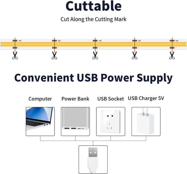 Varmvit LED-list, 5V LED-list 2 meter USB-driven med touchdimmer Flexibel LED-ljuslist för sovrum