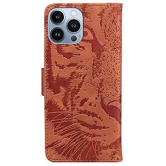 Tiger-preget læderetui til iPhone 14 Pro Max (Brun)