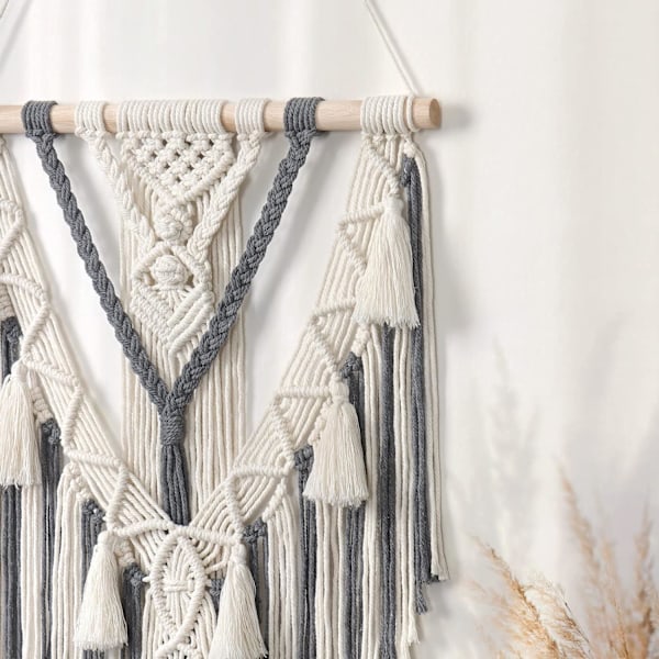 Boho Makramee Seinävaate Geometrinen Kudottu Gobeliini Beige ja Harmaa Puuvilla Käsintehty Boheemi Taide Tupsu Käsityö Koriste