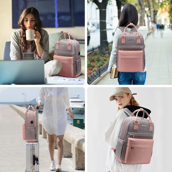 Damryggsäck för 15,6 tums Laptop, Casual, med USB-laddning, Stöldskyddande Skolryggsäck för Arbete, Resor, Universitet, Högskola, Gråblå pink