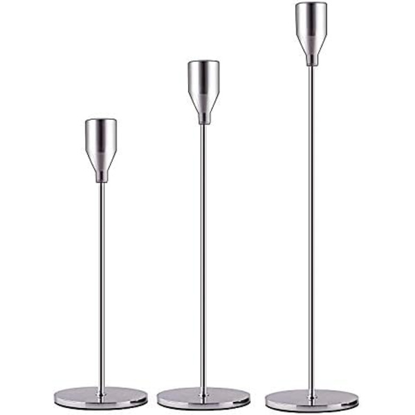 Matt Svart Ljusstakar Set om 3 för Spetsiga Ljus, Dekorativ Ljusstake för Bröllop, Middag, Fest, Passar 3/4 tum Tjocka Ljus Silver