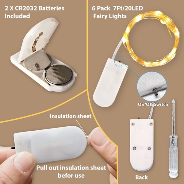 Paket med LED-ljusslingor, 2,1 m 20 LED-lampor Varmvit Batteridrivna Ljusslingor, Vattentäta Mini LED-ljusslingor