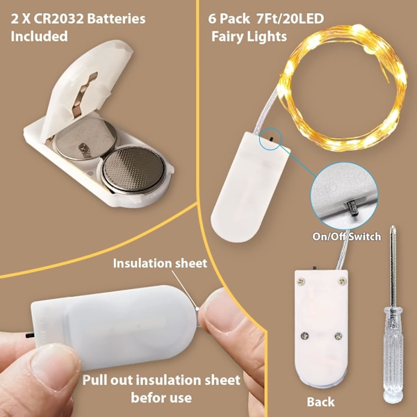 Pakker LED Lyskæder, 2,1m 20LEDs Varm Hvid Batteridrevet Lys, Vandtætte Mini LED Lys
