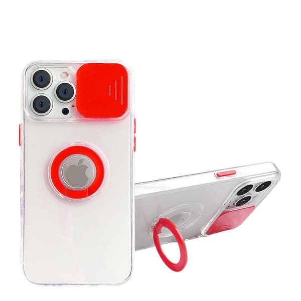 Candy Farve Ring Holder Slide Linse Kamerabeskyttelse Klar Blød iPhone Case (rød, iPhone 12 Pro)