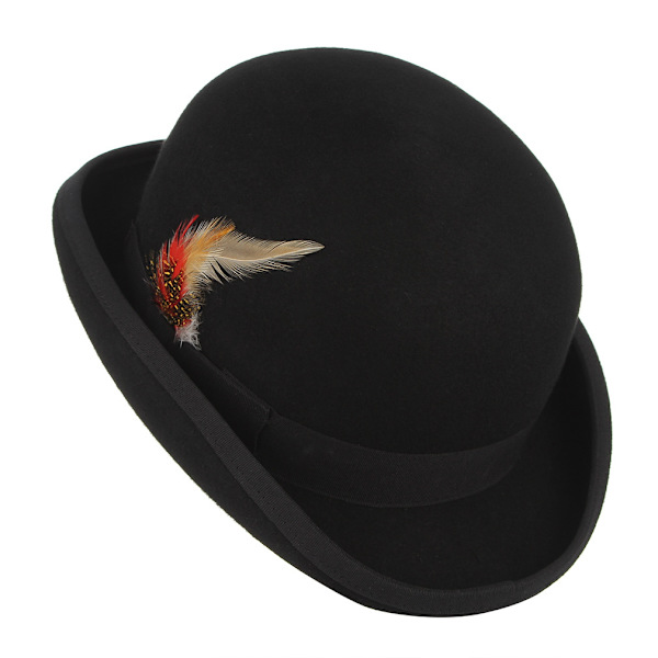 Unisex Hård Topp Ull Bowlerhatt Med Fjäder Satinfodrad Storlekar S Till Xl M