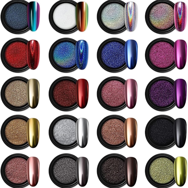 20 Burkar Nagelpuder Nagelkonst Glitter Dekoration Metallisk Spegeleffekt Holografisk Aurora Kameleont Pigmentpulver för Resinhantverk & Nagelkonst 20 colors