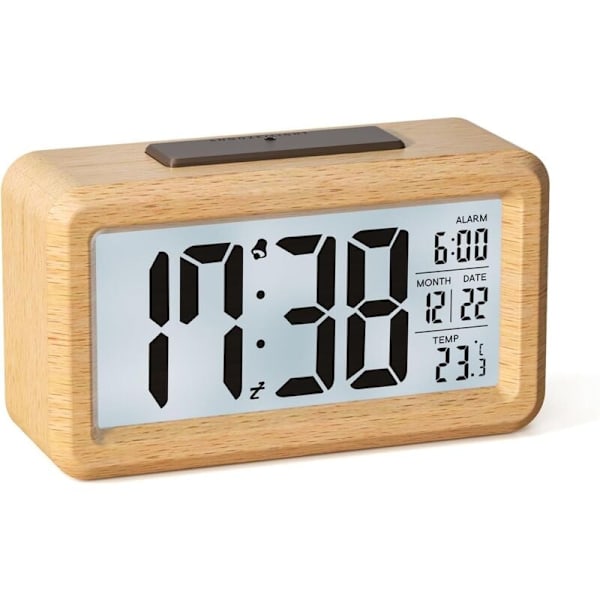 Digital väckarklocka, batteridriven träväckarklocka med stor LCD-display, datum, temperatur, automatisk ljussensor, snooze