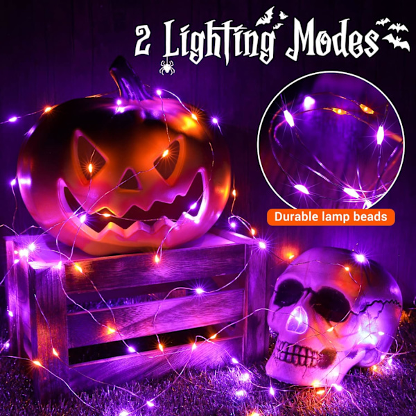 2 kpl oransseja violetteja Halloween-valoja, 16,4 jalkaa 50 LED 2 tilaa välkkyvät keijuvalot paristokäyttöiset valot Halloween-koristeisiin