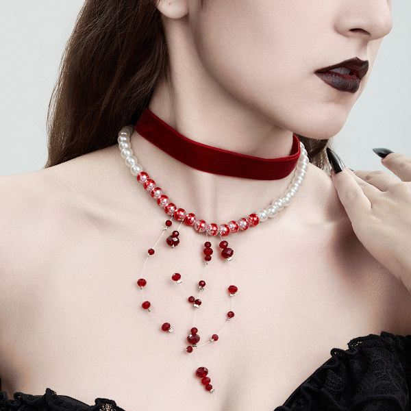 Vampyrkostymtillbehör för kvinnor Blodhalsband Halloween Choker Halsband Set Vampyr Droppande Blod Pärlhalsband Choker Goth Choker