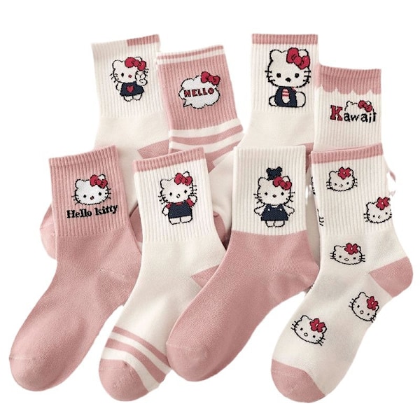 Kitty Cat Strumpor - 8 Par, Rosa, Söt Tecknad, Vardaglig, Mångsidig - Höst/Vinter Ungdomsstrumpor