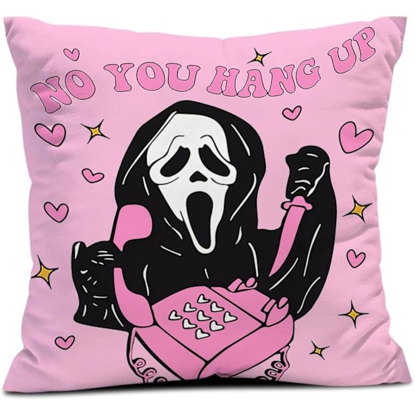 18x18 Tommer Pink Pyntepudebetræk - 'Nej, Du Lægger På' Sjovt Horror Spøgelsesdesign, Romantisk Halloween Valentinsdag Dekoration, Blødt Pudebetræk