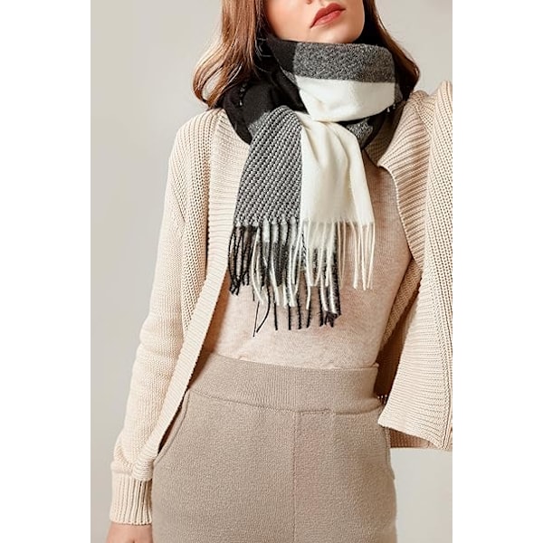 Halstørklæder til Kvinder Vinter Tørklæder Tartan Wraps Lang Spinding Kvast Sjal Stola Damer Varmt Halstørklæde Black&white