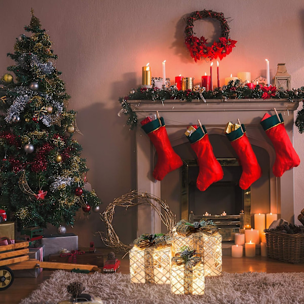 Julverkstadens Set med 3 Ljussatta Julaskar/Inomhus Juldekorationer / 45 Varma Vita LED-lampor