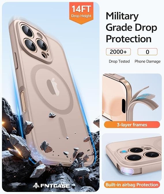 FNTCASE til iPhone 16 Pro Max-deksel, magnetisk matt gjennomsiktig, militærgradert fallbeskyttelse, støtsikkert tynt robust deksel Desert gold