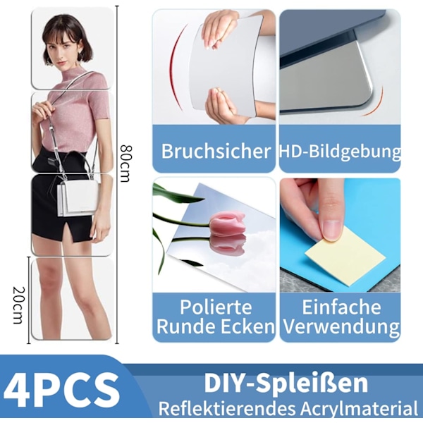 Speilklistremerker, 20 x 20 cm Akryl Selvklebende Speildør, Firkantet Veggspeil Fleksibelt Dekorativt Speil for Hjemmet