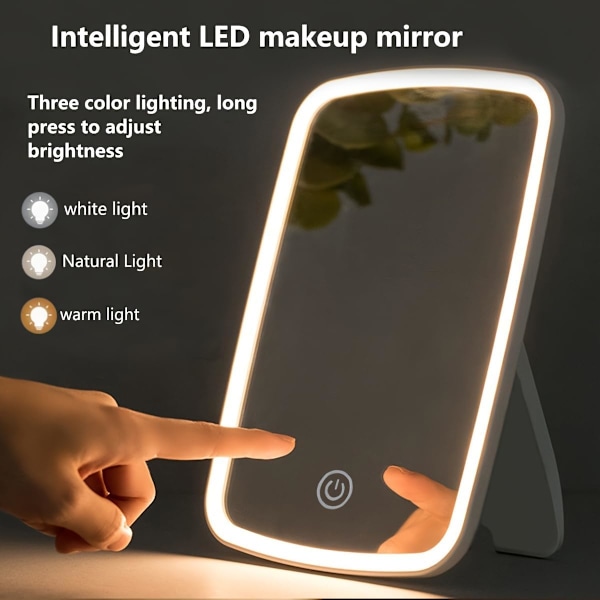 Bærbart LED Makeup Spejl - 3 Farve Lystilstande, Justerbar Lysstyrke, Touch Sensor, USB Opladning, Kompakt Foldbart Design - Grea