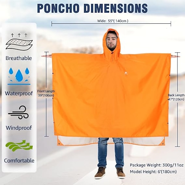 Vedenpitävä sadeponcho, kevyt, uudelleenkäytettävä, hupullinen, retkeilyyn, yksi koko, oranssi Orange