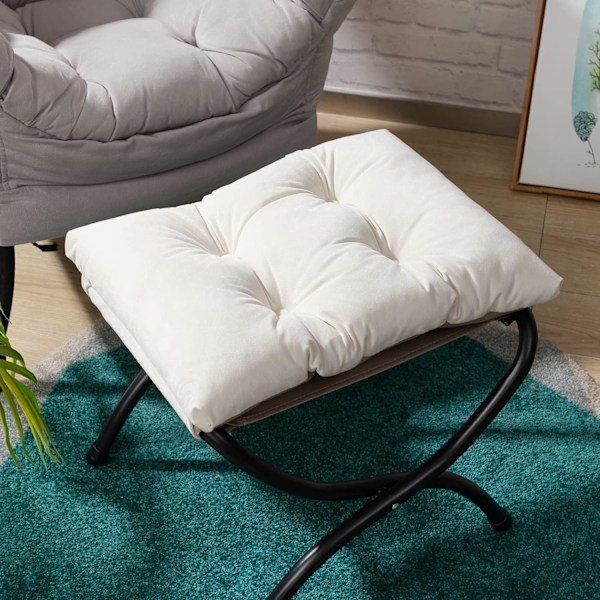 Vikbar Fotpall, Vilpall med Metallben Liten Ottoman Sittpuff, Vit (47 x 36 x 36 cm)