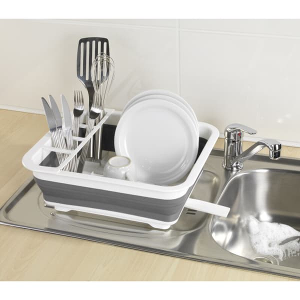 Hopfällbart diskställ, diskställ i plast, bestickhållare och tallriksstöd, plast, 36,5x13x31 cm, vit-grå