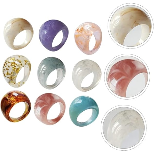 9 Stykker Stabelbare Resin Ringe Bred Tyk Kuppel Retro Chunky Ringe Tyk Kuppel Elegant Flerfarvet Akryl Resin Ring