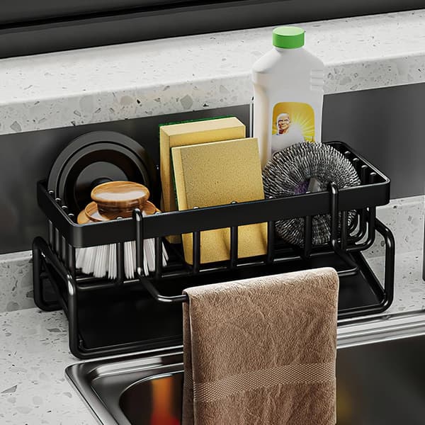 Sort Køkkenvask Organizer Multifunktionel 2 i 1 Svampeholder Ingen Boring Rustfrit Stål Vask Organizer
