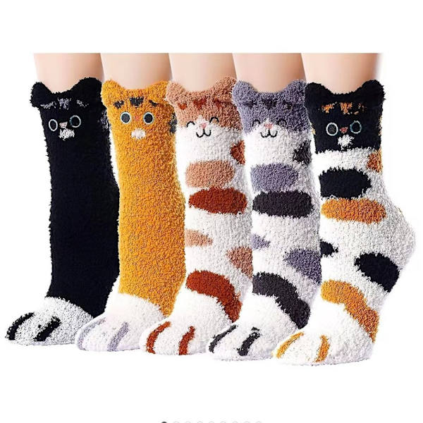 5 par Damstrumpor med kattmotiv, fleecefodrade, varma, vinterstrumpor