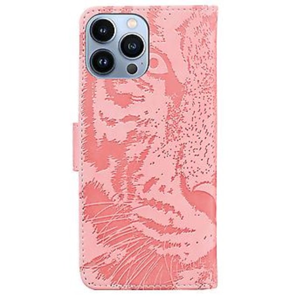 Tiger Preget Skinnveske For iPhone 14 Pro Max (Rosa)