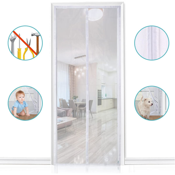 Magnetisk Dørskærm, Netgardin, Magnetisk Forsegling fra Top til Bund med Automatisk Lukning, Holder Frisk Luft Inde (120x210cm, Hvid)