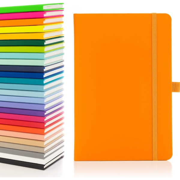 A5 Notesbog med linjerede sider, penholder, bånd, datomærker og papirlomme, medium hardback journal, notesbog, bæredygtigt papir (Orange)