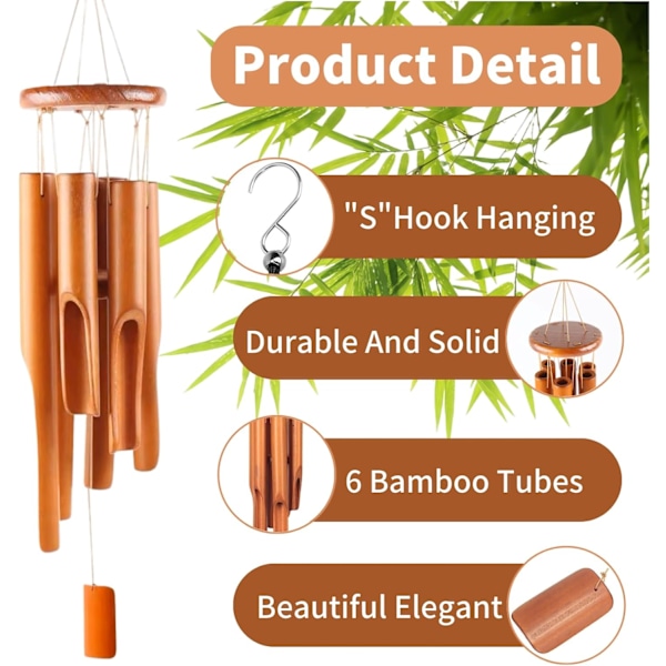 Bambu Vindspel, 6 Rör Bambu Vindspel för Utomhus och Inomhus, 75cm Bambu Vindspel