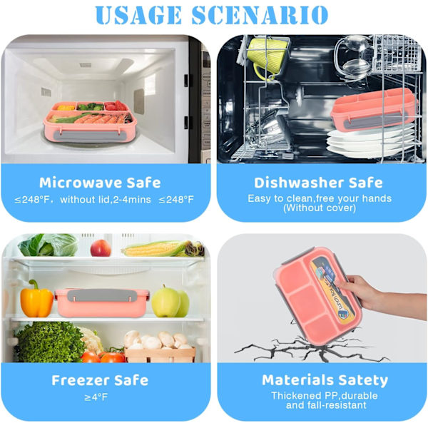Bento Boks Voksen Frokost, Lækagesikker Bento Madkasse til Børn, Opvaskemaskine-, Fryser-sikker BPA-fri pink