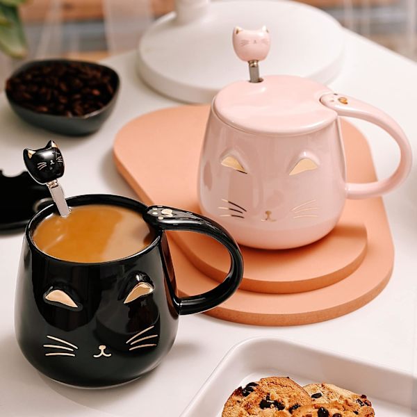 Kattmuggar Set om 2 söta katt tekopp set keramik kaffemugg med lock och sked muggar för flickor kattälskare 13oz/380ml jul födelsedagspresentmugg