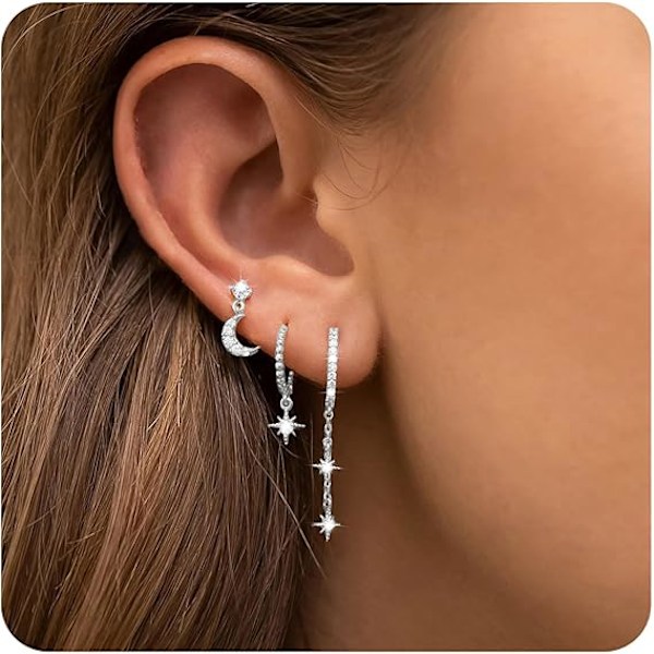 Par 14K Guldpläterade Månstjärna Örhängen Set med Minimalistiskt Hänge, Silver