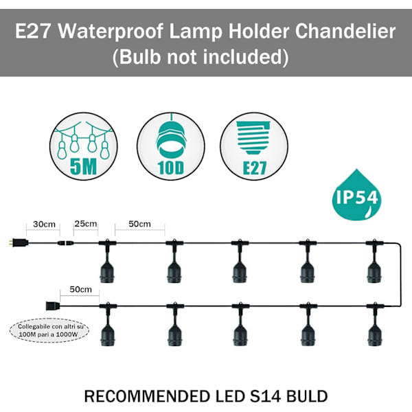 5M Utomhus Ljusslinga E26 10 Socklar 5 Meter, 10 S14 LED-lampor 2W (= 15W), Svart Förlängningsbar Kabel Upp Till 500M IP54 Utomhus Trädgård Bröllop
