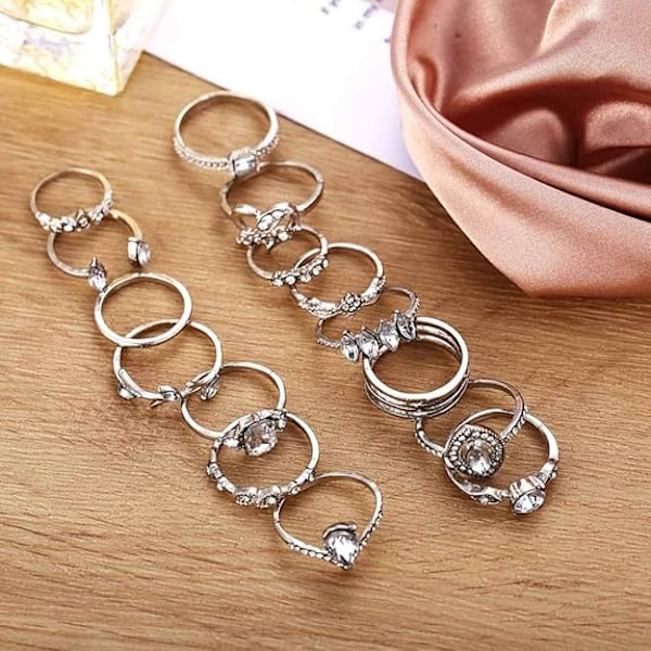 Vintage Ädelstensring Set Silver Kristall Knog Stacking Boho Blomma Måne Mellanringar Smycken (15 st)