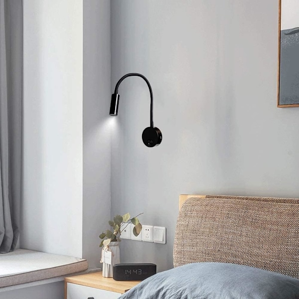 Svart 3W Veggleselampe, Fleksibel Justerbar Hals Aluminium Skrivebordslampe, Øyebeskyttende LED Nattbordslampe med Bryter