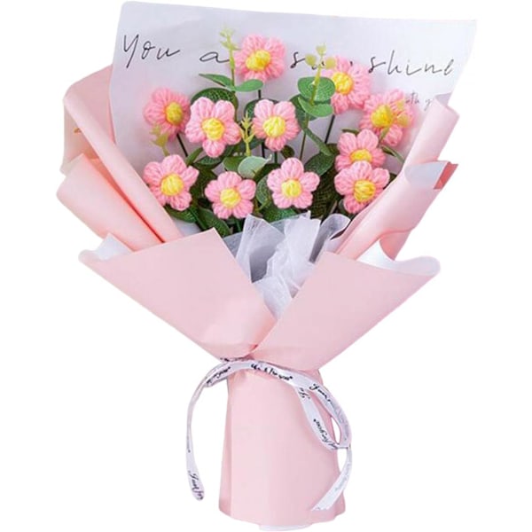 Hæklet Blomsterbuket Håndlavede Strikkede Blomster Dekor Vævet Buket Kunstige Blomster til Skrivebord Fest Ferie Foto Rekvisitter Pink