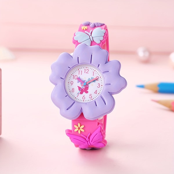 Yndigt Pigeur med 3D Blomst & Sommerfugl Tegneserie - Blød PVC, Hudvenlig Silikone Rem, Quartz Urværk, Ikke-Vandtæt, Blå rose red