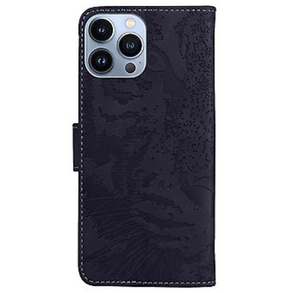Tiger-præget læderetui til iPhone 14 Pro Max (Sort)