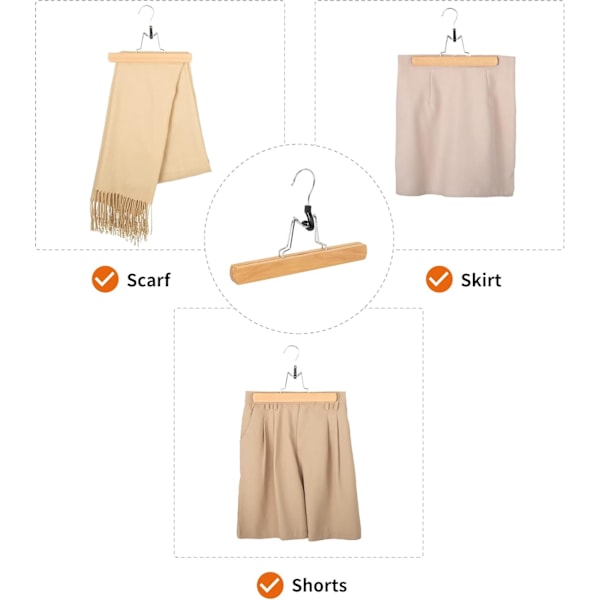 Sporløs Klemme JK Nederdel Skole Soveværelse Opbevaring Massiv Træ Bukse Klemme Anti-Slip, 10 Stykker, Naturlig, 25 x 2.7 x 16.5 cm