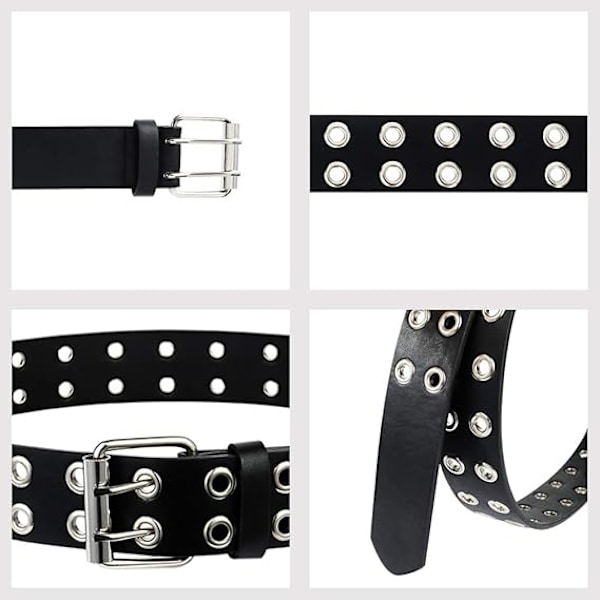 2-pack Dubbel Ögla Bälte, PU Läder Punk Bälte 2 Hål Ögla Jeans Bälte för Kvinnor Män, Multi, Medium