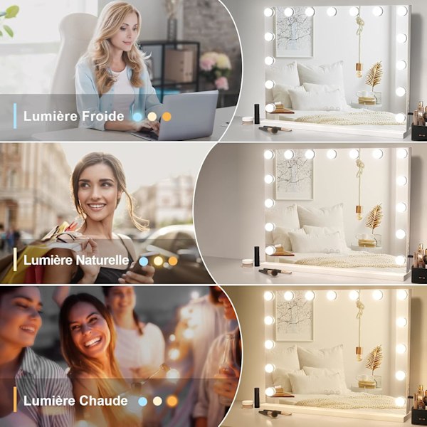 Hollywood Sminkspegel - 15 LED-lampor, Belyst Sminkbordsspegel 3 Lägen, Justerbar Ljusstyrka, Touchkontroll, USB-port